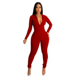 Ribbed Zip Up Tight Fit Ruched Jumpsuit