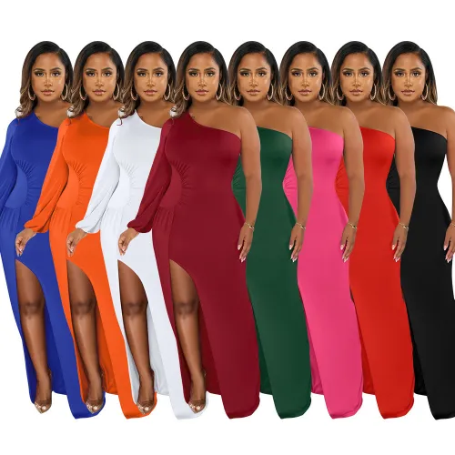 Solid Slash Shoulder Lantern Slit Sleeve Split Long Dress