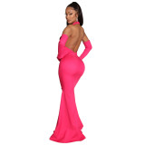 Sexy Backless Halter Keyhole Long Evening Dress(without gloves)