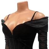 Velvet Off Shoulder Straps Bodycon Dress with Mesh Sleeve