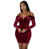 Velvet Off Shoulder Straps Bodycon Dress with Mesh Sleeve