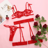 Heart Embroidered Lace Sexy Three-Piece Bra Lingerie Set