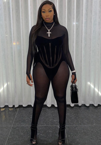 Black Sexy Mesh See-Through Patchwork Tight Long Sleeve Jumpsuit