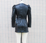 Fall Winter V-Neck Slim Waist Puff Long Sleeve PU Faux Leather Dress With Belt