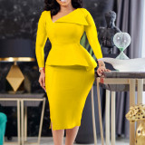 Womens Elegant Asymmetric Long Sleeve Peplum Midi Dress
