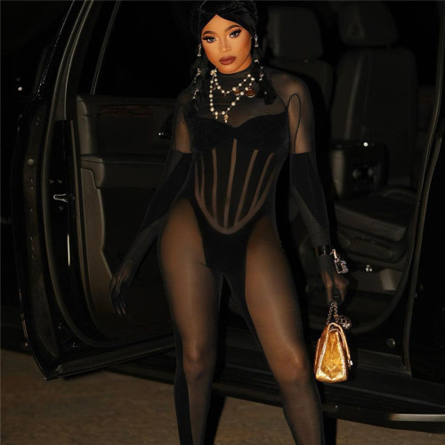 Black Sexy Mesh See-Through Patchwork Tight Long Sleeve Jumpsuit