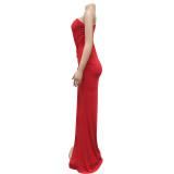 Women's Solid Slash Shoulder Single Full Sleeve Ruched Maxi Dress