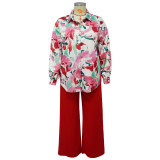 Women's Loose Print Shirt Top + Wide Leg Pants Plus Size 2PCS Set