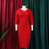 Women 3/4 Sleeve Elegant V-Neck Midi Dress