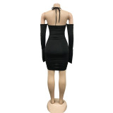 Ladies Trendy Slit Sleeve Off Shoulder Halter Ruched Bodycon Dress