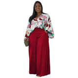 Women's Loose Print Shirt Top + Wide Leg Pants Plus Size 2PCS Set