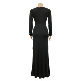 Women's Solid Ruched V-Neck Long Sleeve Slit Maxi Dress