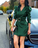 Fall Winter V-Neck Slim Waist Puff Long Sleeve PU Faux Leather Dress With Belt