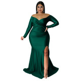 Plus Size Sexy Dress Nightclub Long Sleeve V-Neck Solid Split Long Party Dress