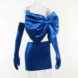 Big Bow Tube Top + Skirt Velvet Two Piece Set with Gloves