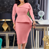 Womens Elegant Asymmetric Long Sleeve Peplum Midi Dress