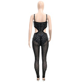 Sexy Mesh See-Through Rhinestone Sleeveless Straps Cutout Party Jumpsuit