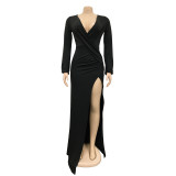 Women's Solid Ruched V-Neck Long Sleeve Slit Maxi Dress