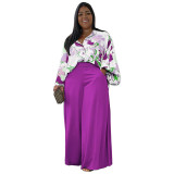 Women's Loose Print Shirt Top + Wide Leg Pants Plus Size 2PCS Set