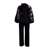 Women's White Slim Fit Straight Leg Jumpsuit with Lace Sleeve