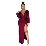 Women's Solid Ruched V-Neck Long Sleeve Slit Maxi Dress