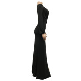 Women's Solid Ruched V-Neck Long Sleeve Slit Maxi Dress