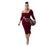 Trendy Solid Slash Shoulder Long Sleeve Midi Dress with Metal Chain Belt