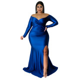 Plus Size Sexy Dress Nightclub Long Sleeve V-Neck Solid Split Long Party Dress