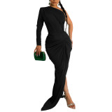 Women's Solid Slash Shoulder Single Full Sleeve Ruched Maxi Dress