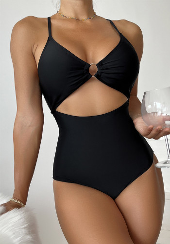 Women's Black O-Ring Cut Out One Piece Swimsuit