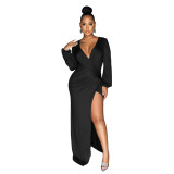 Women's Solid Ruched V-Neck Long Sleeve Slit Maxi Dress