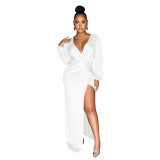 Women's Solid Ruched V-Neck Long Sleeve Slit Maxi Dress