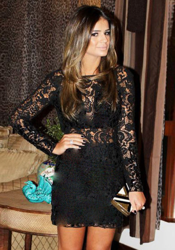 Black Lace Long Sleeve See-Through Pencil Mid Dress