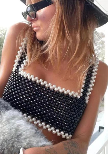Sexy White and Black Contrast Pearl Hollow Out Nightclub Crop Top