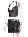 Sexy Metallic SparklyLace-Up Two Piece Club Skirt Set