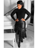 Womens Sexy Black PU Leather Ruffled Beaded Irregular Bodycon Skirt