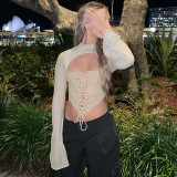 Women Casual Open Back Cutout Long Sleeve Lace-Up Mesh Slim Top