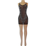 Women Sexy Rhinestone See-Through Mesh Bodycon Dress