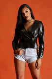 Sexy PU Leather V-Neck Long Sleeve Fashion Top