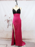 Sexy Straps Sequin Patchwork Slit Bridesmaid Formal Party Evening Dress