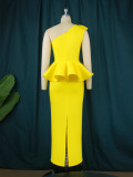 Yellow One Shoulder Back Slit Elegant Long Peplum Dress
