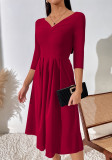Sexy Office Lady Fashion Solid 3/4 Sleeve V-Neck A-Line Dress