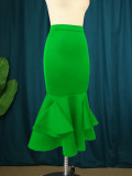Solid High Waist Ruffles Career Slim Fit Mermaid Skirt