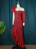 Red Mesh Patchwork Slash Shoulder Single Sleeve Ruffles Maxi Party Dress