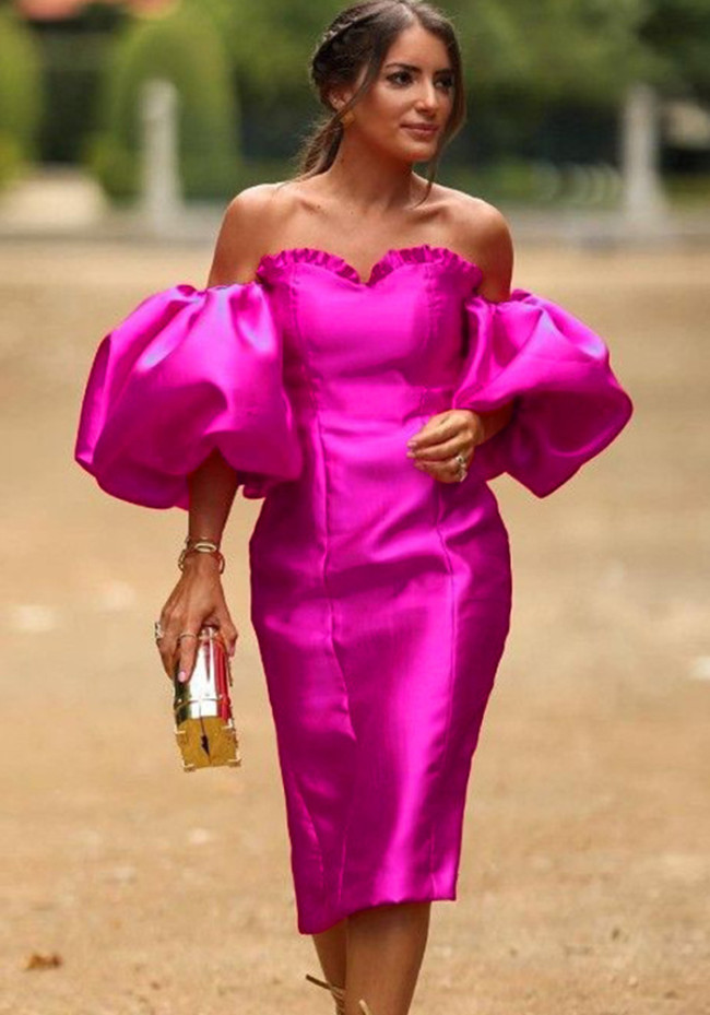Hot Pink Sexy Off Shoulder Puff Sleeve Slit Back Midi Party Dress