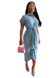 Stretchy Pleated Tie Waist Button Short Sleeve Denim Dress