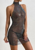 Sexy Shiny Rhinestone Fishnet Halter Nightclub Dress