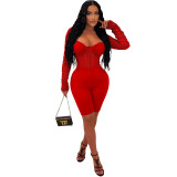 Womens Solid Mesh Patchwork Long Sleeve See-Through Romper