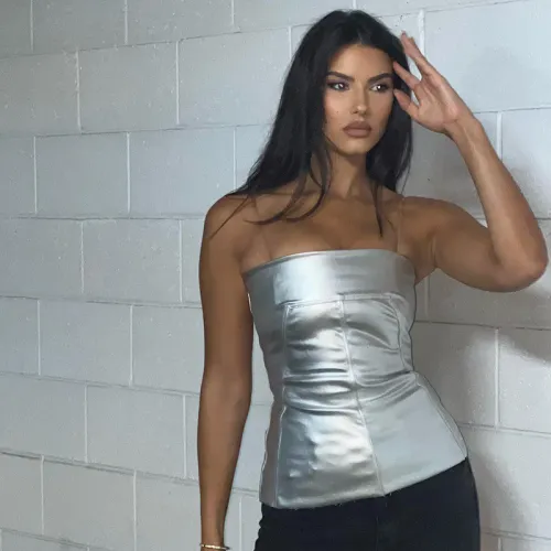Women Silver Strapless Slim Top