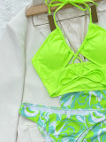 Neon Green Print Contrast Lace Up Three Piece Swimwear